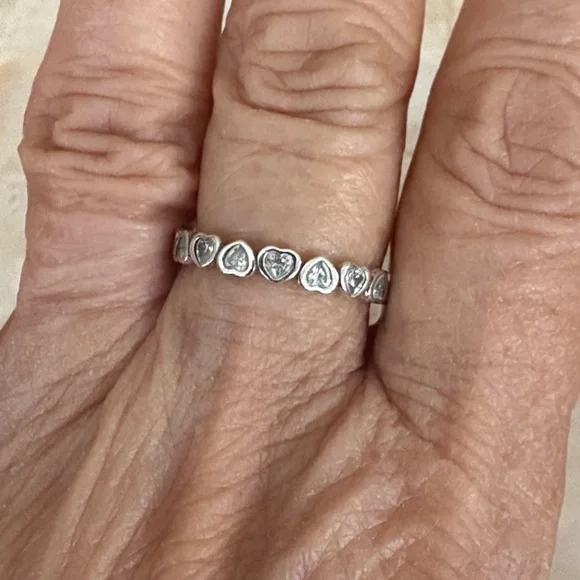 Pandora ALE 925 Sterling Silver Forever More Clear CZ Hearts Stacking Band Ring - Picture 5 of 7